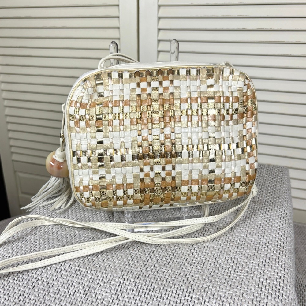 Sharif 1980s Luxe Gold Cream Woven Leather Tassel Crossbody Bag Vintage Purse